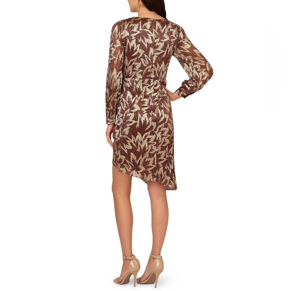 NWT Adrianna Papell V-Neck Palm Leaf Metallic Crinkle Knit Faux Wrap Dress Sz 6 - Picture 5 of 12
